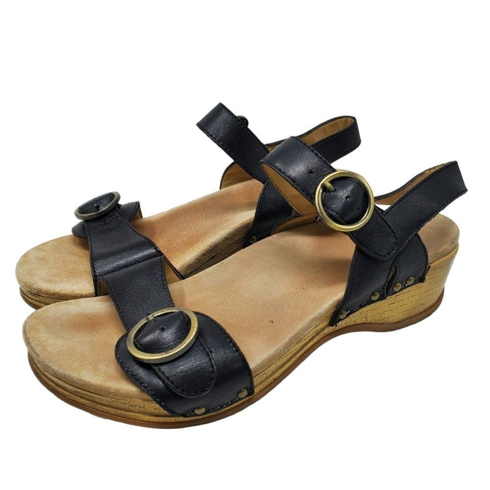 Dansko Leather Black Ankle Straps Open Toe Women Sandals Size 37
